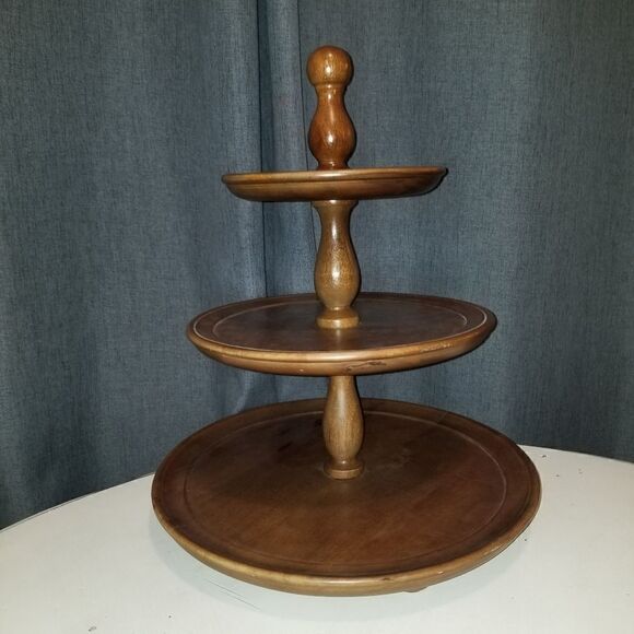 Vtg wood walnut three tiered pedestal cupcake stand desert candy dish tray Vtg - Picture 1 of 8